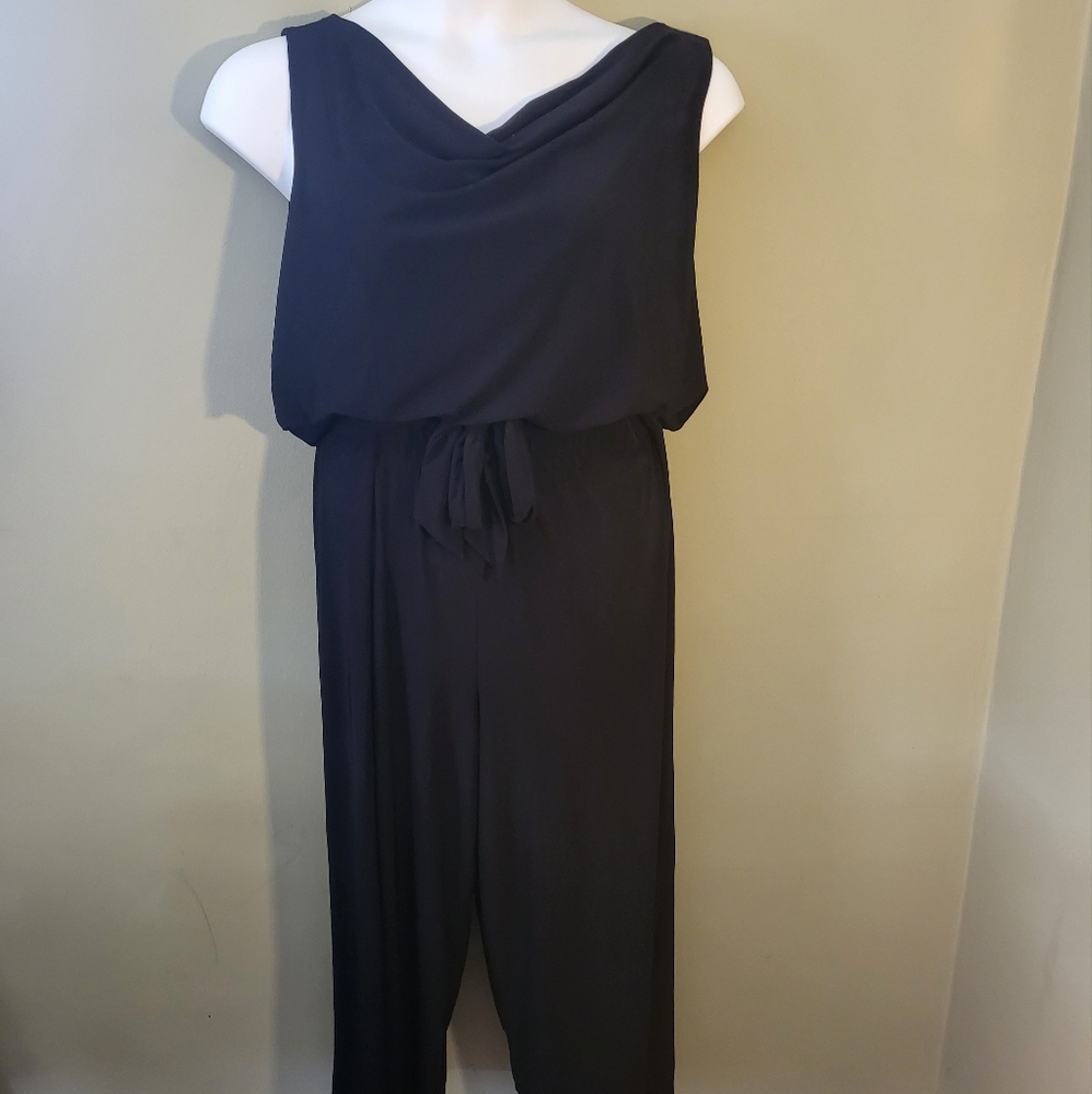 Womens, Jumpsuit, Cowl neck, Synched tie waist, Wide legged, Black, Jumpsuit XL